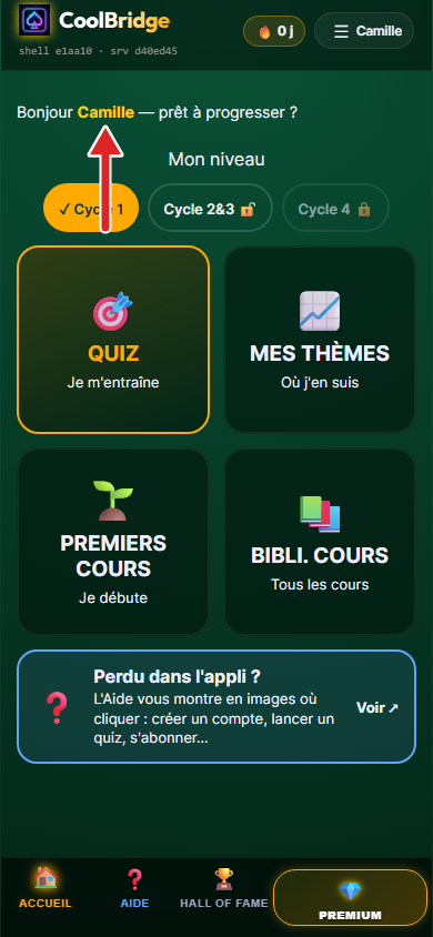 Accueil de l'appli après connexion, flèche sur le pseudo affiché