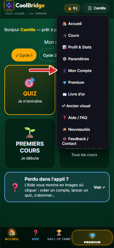 Accueil de l'appli, menu du pseudo ouvert, flèche sur Mon Compte