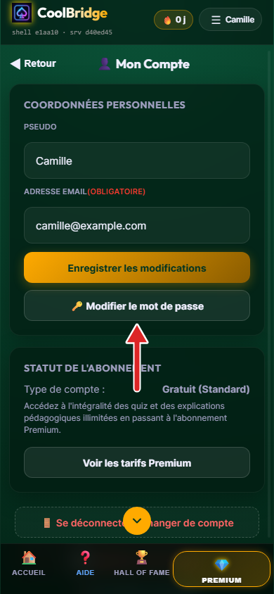 Écran Mon Compte, flèche sur le bouton Modifier le mot de passe