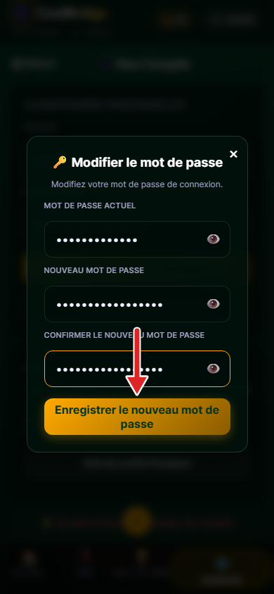 Fenêtre Modifier le mot de passe, trois champs remplis, flèche sur le bouton Enregistrer le nouveau mot de passe