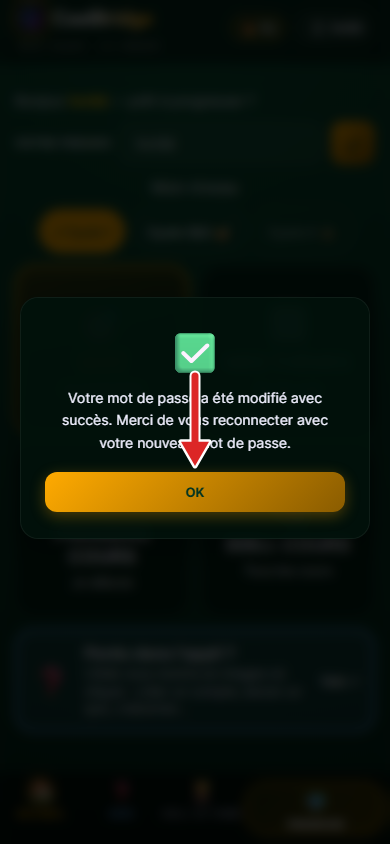 Message Mot de passe modifié avec succès, flèche sur le bouton OK
