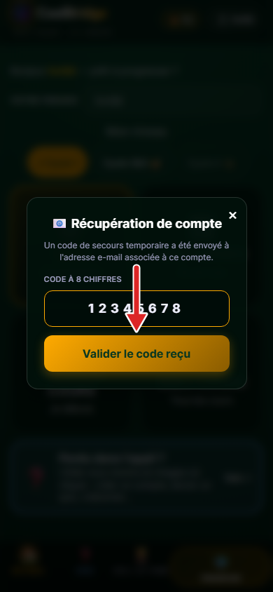 Fenêtre Récupération de compte, code saisi, flèche sur le bouton Valider le code reçu