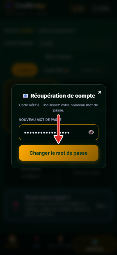 Fenêtre Récupération de compte, nouveau mot de passe saisi, flèche sur le bouton Changer le mot de passe