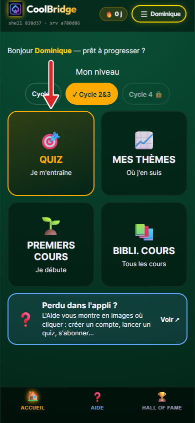 Accueil, Cycle 2&3 choisi, flèche sur la tuile Quiz