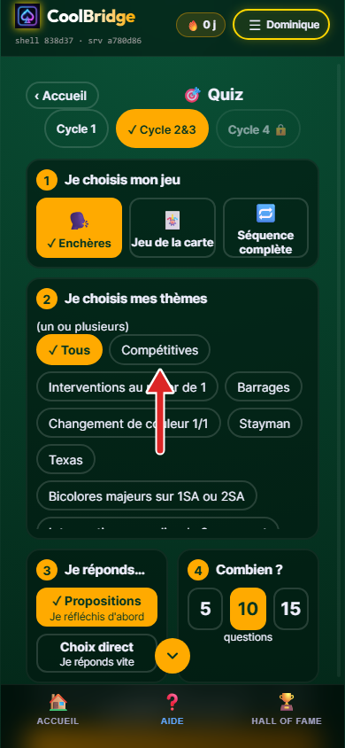 Page Quiz, thèmes du Cycle 2&3, flèche sur Compétitives
