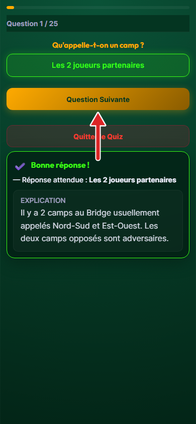 Correction de la question, flèche sur le bouton Question Suivante