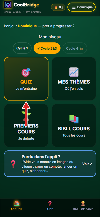 Accueil de l'appli, cycle 2&3 déjà choisi, flèche sur la tuile Quiz