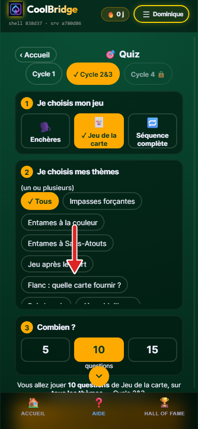 Page Quiz, thèmes du Cycle 2&3 affichés, flèche sur Flanc : quelle carte fournir ?