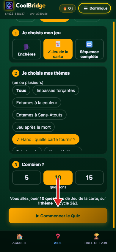 Page Quiz, thème Flanc coché, récapitulatif, flèche sur Commencer le Quiz