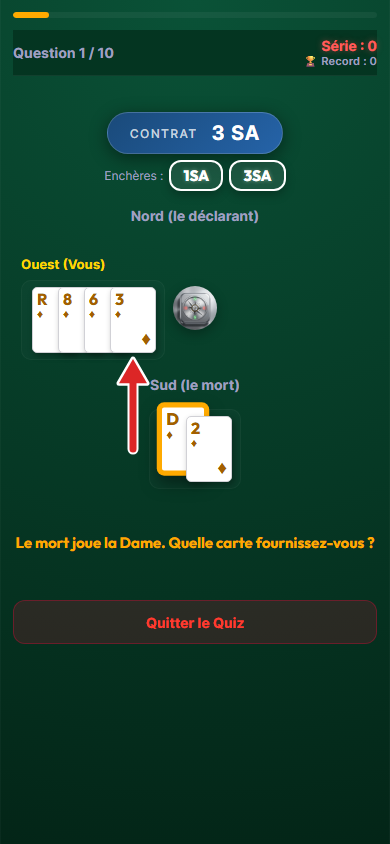 Écran de question, main affichée, flèche sur la dernière carte