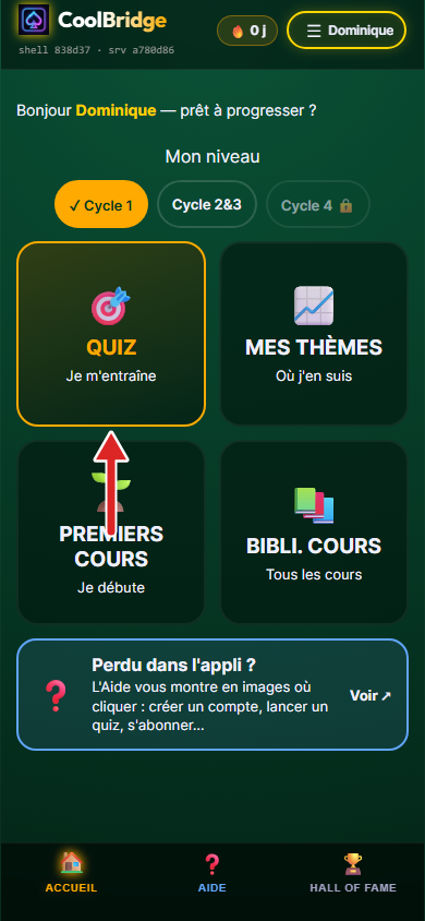 Accueil de l'appli, flèche sur la tuile Quiz