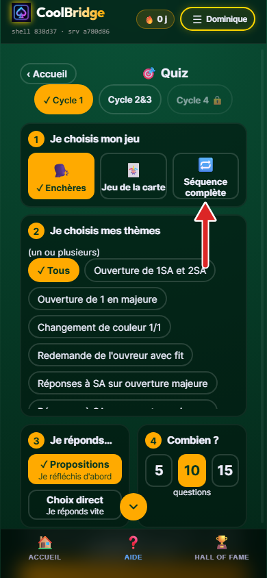 Page Quiz, flèche sur le bouton Séquence complète