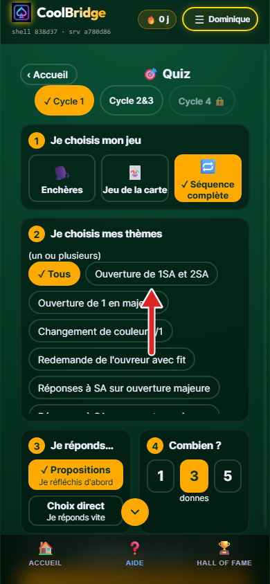 Page Quiz, Séquence complète choisie, flèche sur le thème Ouverture de 1SA et 2SA
