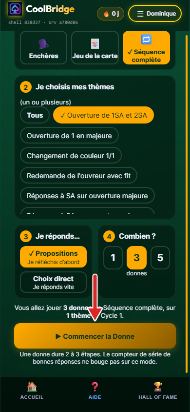 Page Quiz, thème choisi, flèche sur le bouton Commencer la Donne