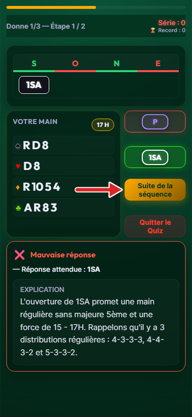 Correction affichée, flèche sur le bouton Suite de la séquence