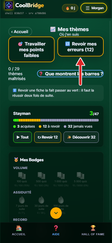 Écran Mes thèmes, flèche sur le bouton Revoir mes erreurs