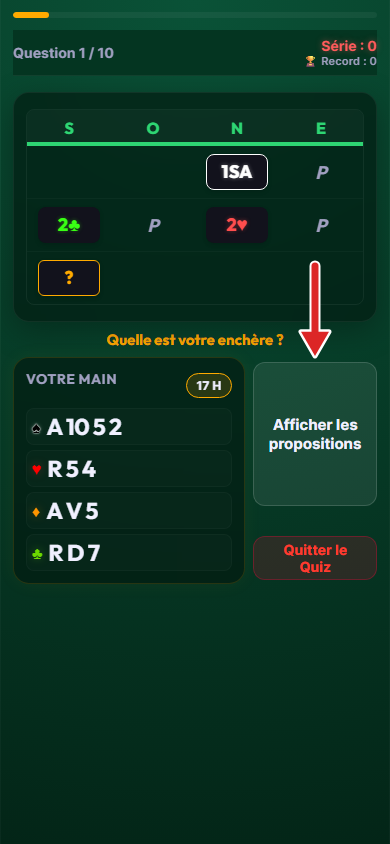 Première question du quiz de révision, flèche sur le bouton qui affiche les réponses