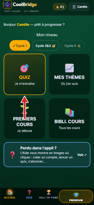 Accueil de l'appli, cycle 1 déjà choisi, flèche sur la tuile Quiz