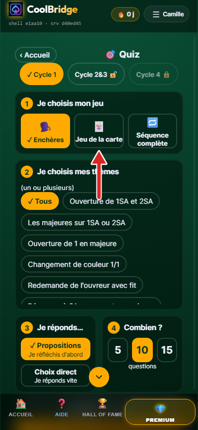 Page Quiz, type Enchères choisi par défaut, flèche sur Jeu de la carte