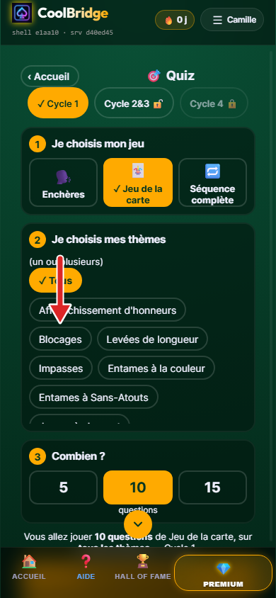 Page Quiz, thèmes du Cycle 1 affichés, flèche sur Blocages