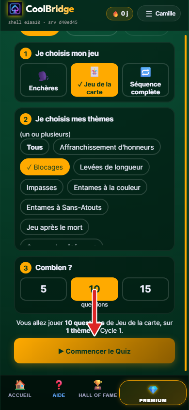 Page Quiz, thème Blocages coché, récapitulatif, flèche sur Commencer le Quiz