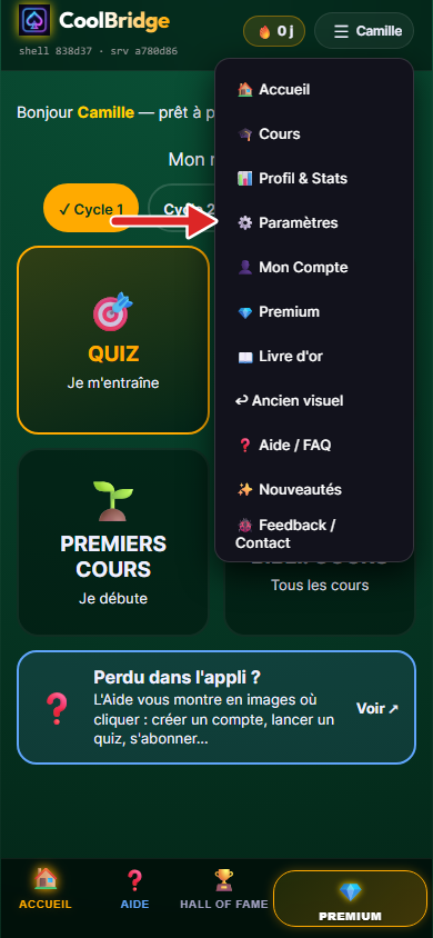 Menu de l'appli ouvert, flèche sur Paramètres