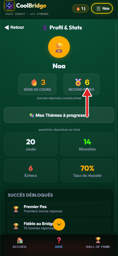 Écran Profil et Stats, séries et compteurs, flèche sur le record personnel