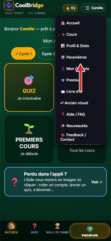 Menu de l'appli déployé, flèche sur l'entrée Paramètres
