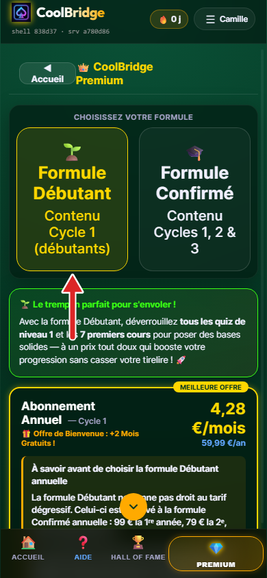 Écran des tarifs, flèche sur le choix de la formule